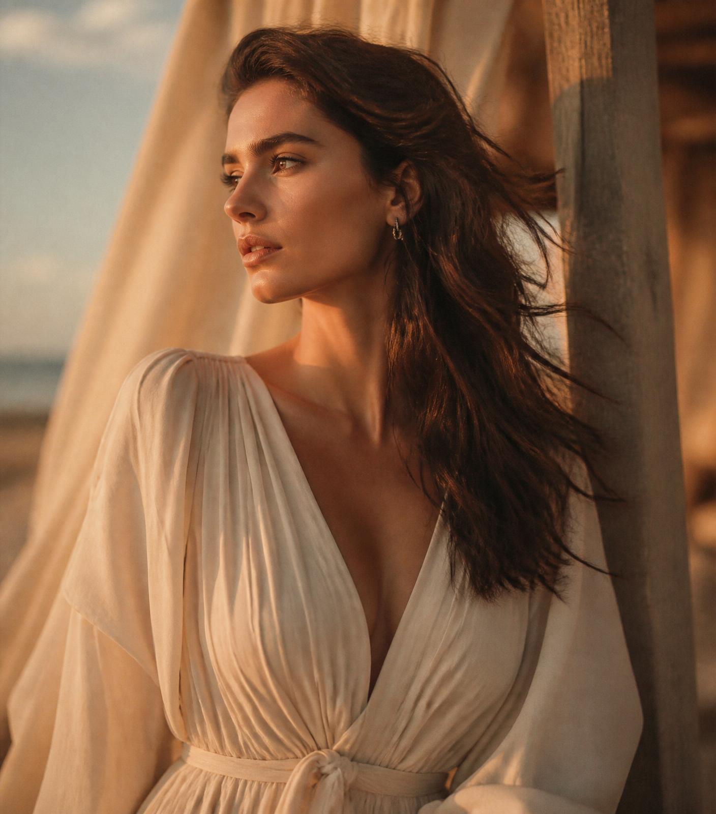 A woman in an ivory dress at golden hour